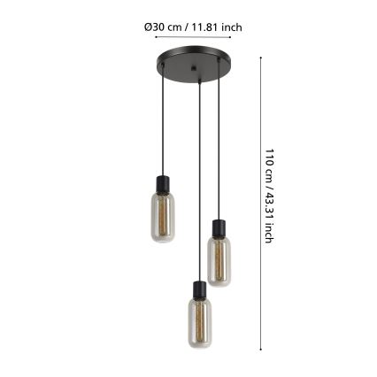 Eglo - Riippuvalaisin kaapelilla 3xE27/4W/230V musta/savunharmaa