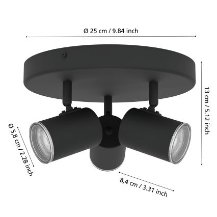 Eglo - Kylpyhuoneen spottivalaisin 3xGU10/5W/230V halkaisija 25 cm IP44 musta