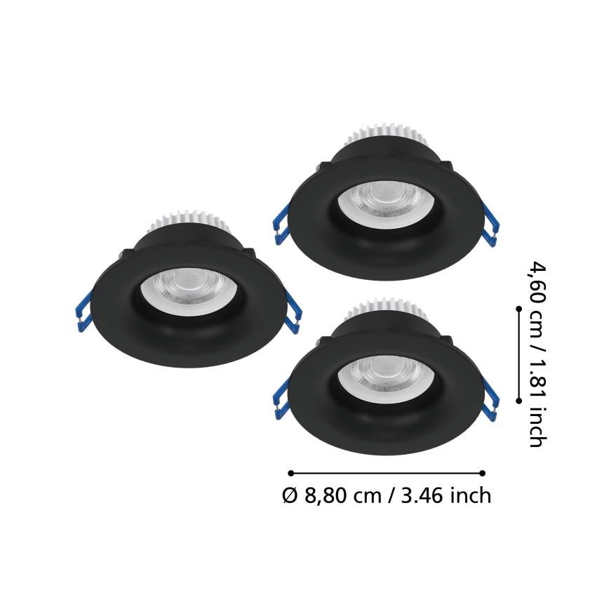 Eglo - Setti 3 kpl: LED-kylpyhuoneen sisäänrakennettavat alasvalaisimet, 4,9 W, 230 V, 2700/4000/6500 K, Ø 8,8 cm, IP65, musta