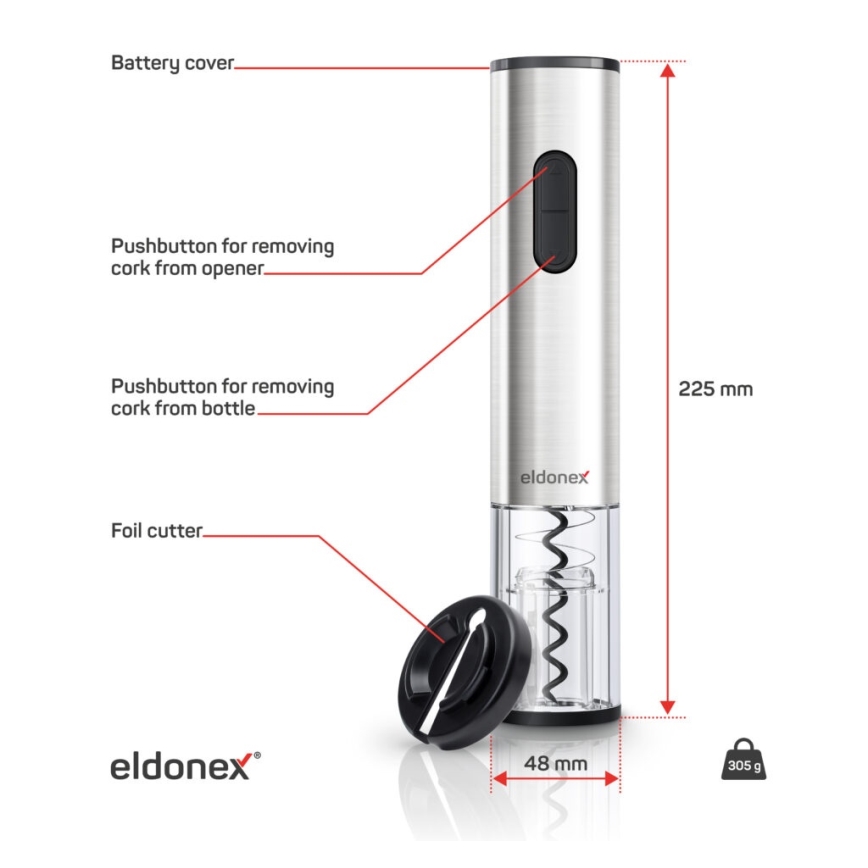 ELDONEX EWO-2200-SL - Sähköinen viinipullonavaaja 4xAA mattakromi