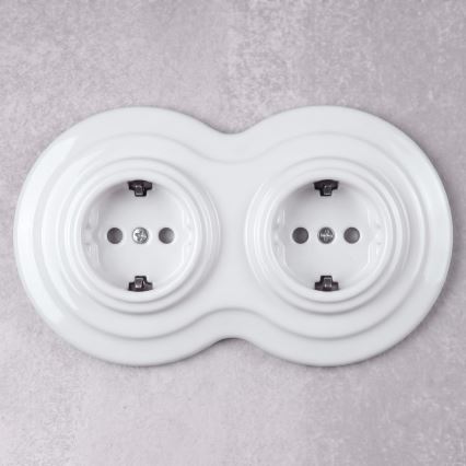 Elhard - Kaksoispistorasia keraaminen retro kotikäyttöön kehyksellä SCHUKO 230V valkoinen