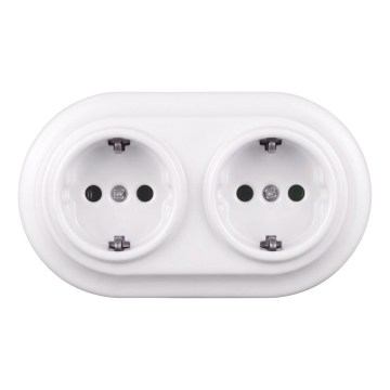 Elhard - Keraaminen retro-kaksoispistorasia kotitalouskäyttöön kehyksellä SCHUKO 230V valkoinen