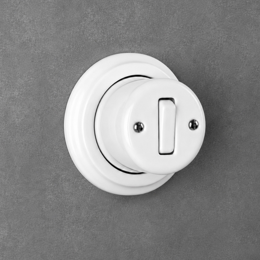 Elhard - keraaminen retrotyylinen seinäkytkin, yksinapainen, kehys nro 1, valkoinen