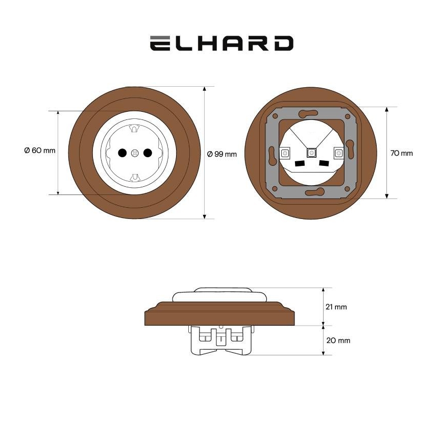 Elhard - Keramiikkainen retro-pistorasia kotikäyttöön kehyksellä SCHUKO 230V musta/tumma puu