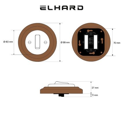 Elhard - Keramiikkainen retro-yksiosainen kytkin, kehys nro 1, valkoinen/tumma puu