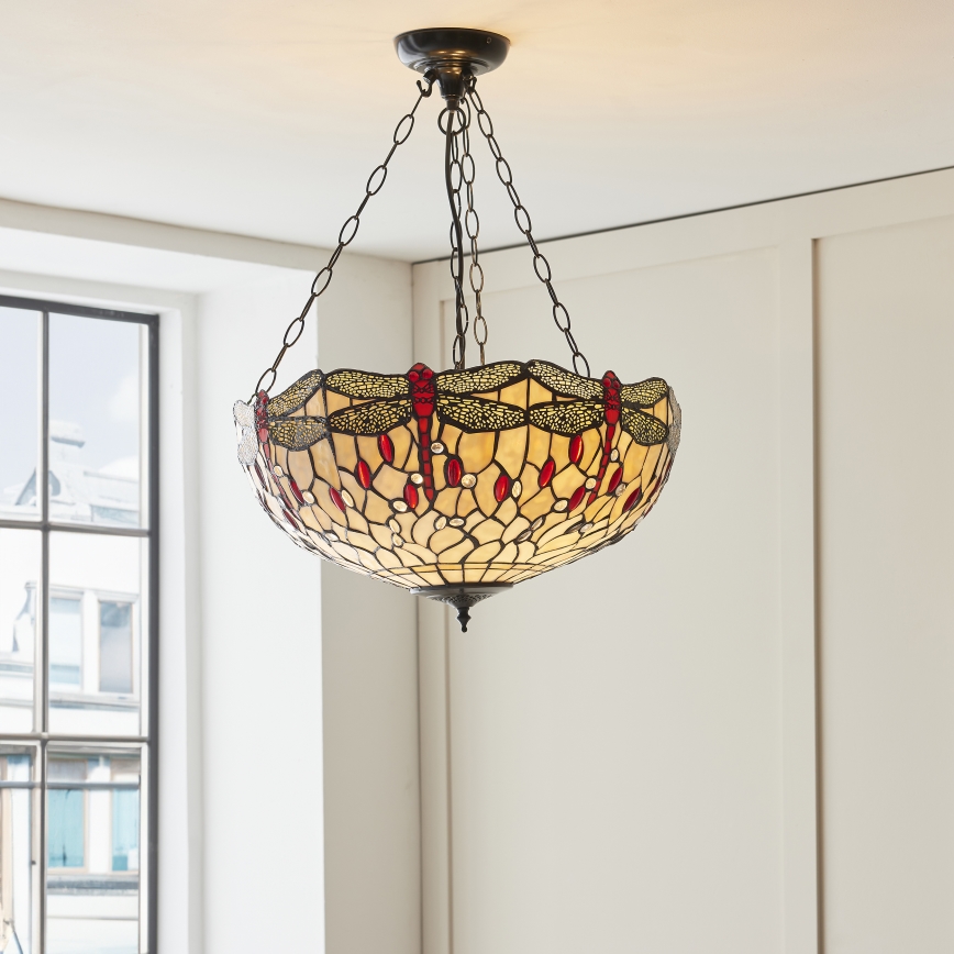 Endon 112251 - Ketjulla roikkuva Tiffany-tyylinen kattovalaisin DRAGONFLY 3xE27/60W/230V pr. 50 cm