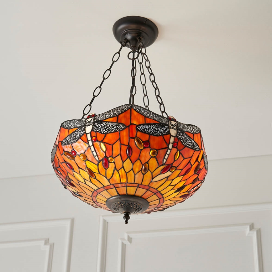 Endon 64076 - Tiffany DRAGONFLY - riippuvalaisin ketjulla, 3 x E27, max. 60 W/lamppu, 230 V, halkaisija 41 cm
