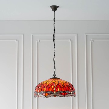 Endon 64082 - Ketjulla varustettu Tiffany DRAGONFLY -riippuvalaisin 3xE27/60W/230V, halkaisija 50 cm