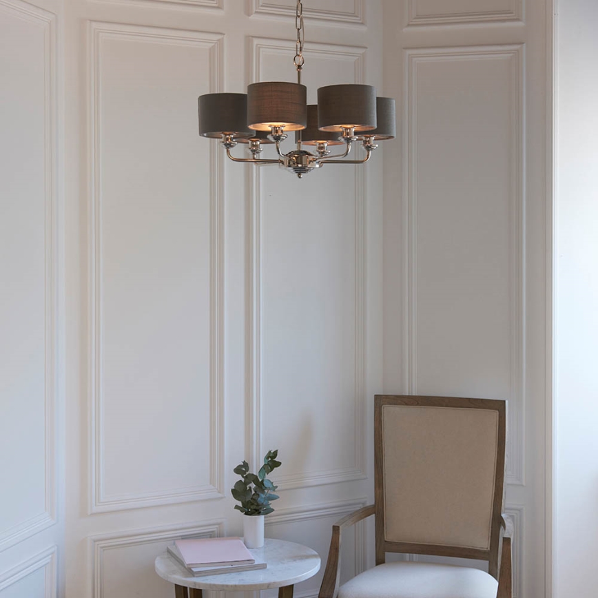 Endon 94381 - Kattokruunu ketjussa HIGHCLERE 6xE14/28W/230V harmaa/kiiltävä kromi