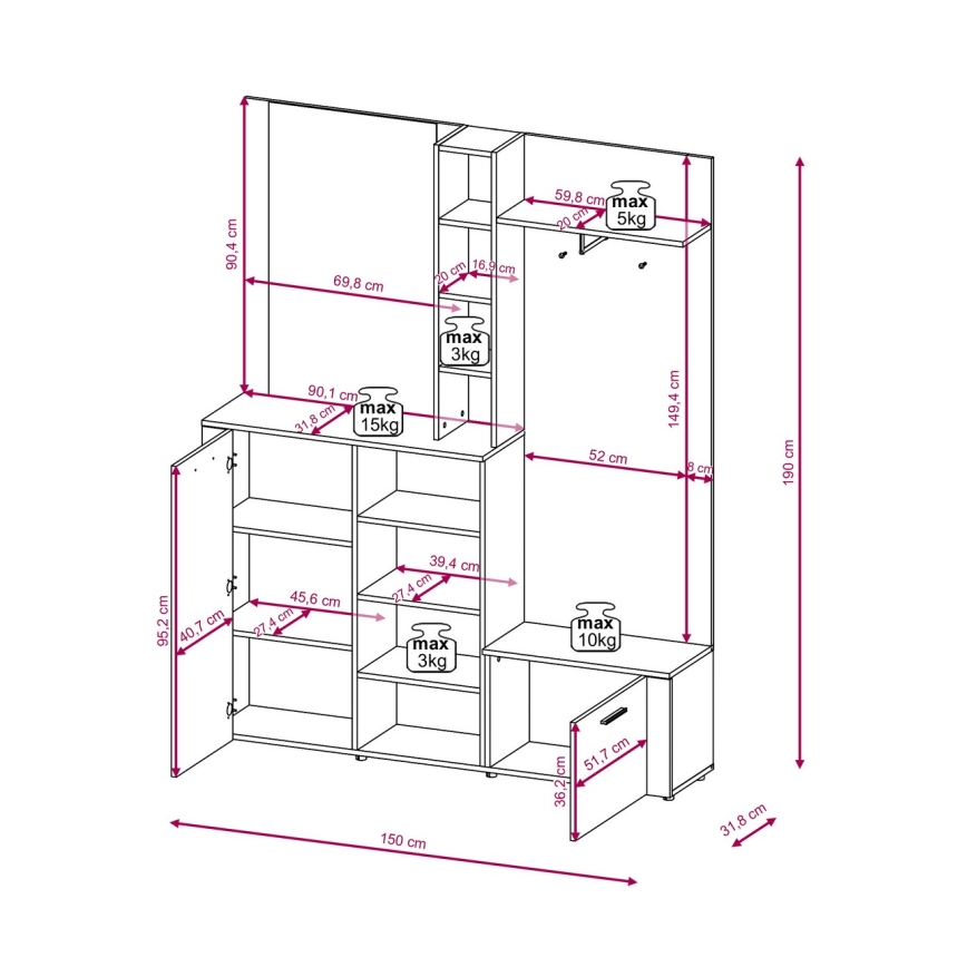 Eteismoduuli KEVIN peilillä, ruskea/valkoinen