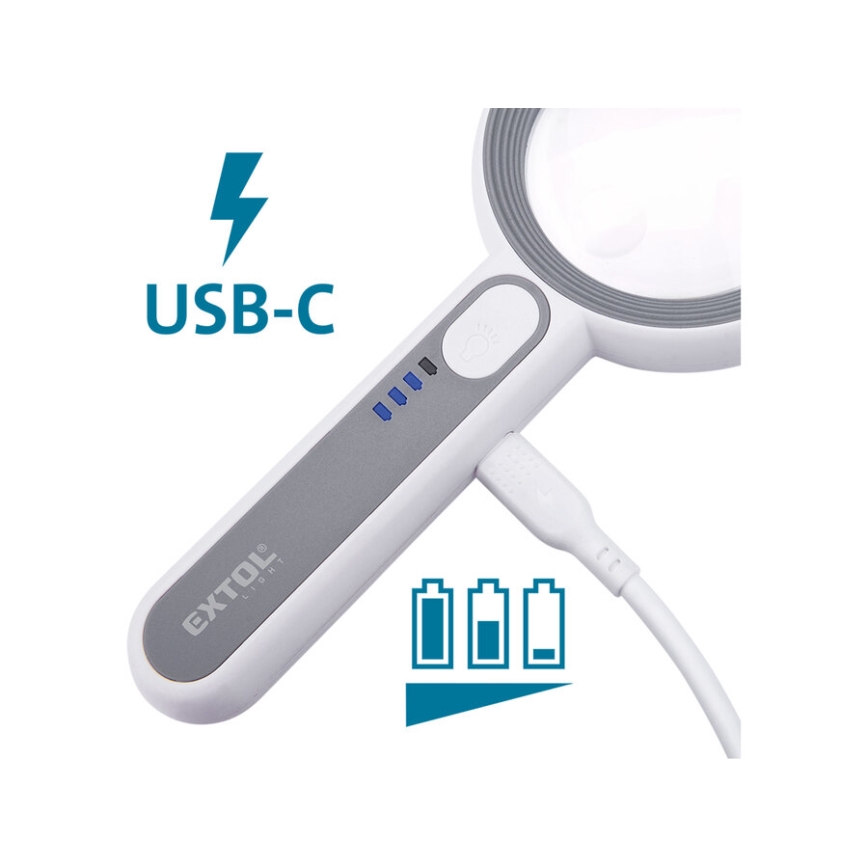 Extol - himmennettävä ladattava suurennuslasi LED-valaistuksella/650 mAh valkoinen/harmaa