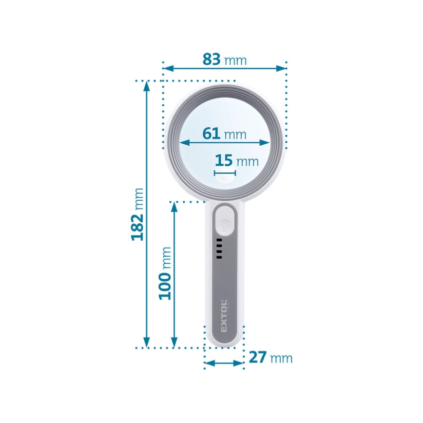 Extol - himmennettävä ladattava suurennuslasi LED-valaistuksella/650 mAh valkoinen/harmaa