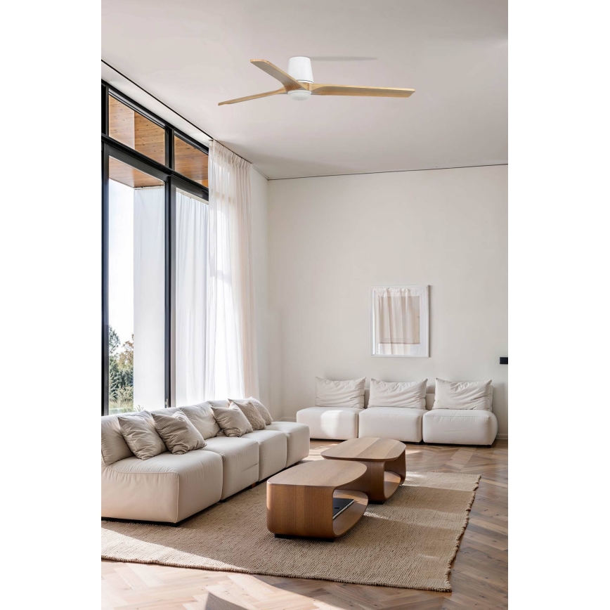 FARO 33838WT-1TW - LED-himmennettävä kattotuuletin HEYWOOD TUB L LED/10W/230V 2700/3000/4000K mänty/valkoinen halkaisija 132 cm Wi-Fi Tuya + kaukosäädin