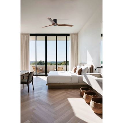 FARO 33839 - Kattoilmaisin HEYWOOD TUB mänty/musta Ø 132 cm + kaukosäädin