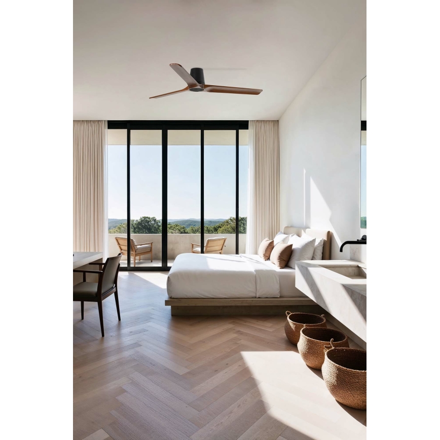 FARO 33839 - Kattoilmaisin HEYWOOD TUB mänty/musta Ø 132 cm + kaukosäädin