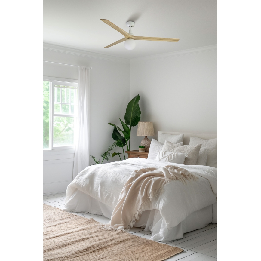 FARO 34279-11L - Kattoilmaisin KLIM L 1xE27/15W/230V tammi/valkoinen halkaisija 150 cm + kaukosäädin