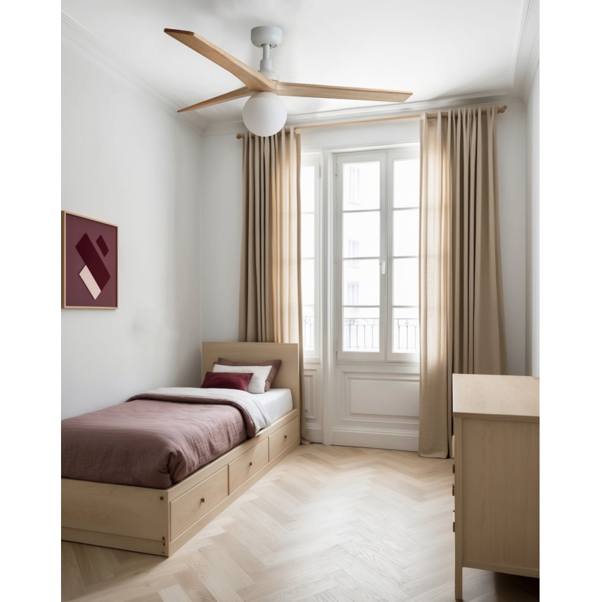 FARO 34280WT-11L - Kattoilmaisin KLIM M 1xE27/15W/230V mänty/valkoinen halkaisija 125 cm Wi-Fi Tuya + kaukosäädin