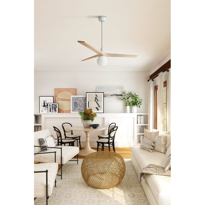 FARO 34280WT-11L - Kattoilmaisin KLIM M 1xE27/15W/230V mänty/valkoinen halkaisija 125 cm Wi-Fi Tuya + kaukosäädin