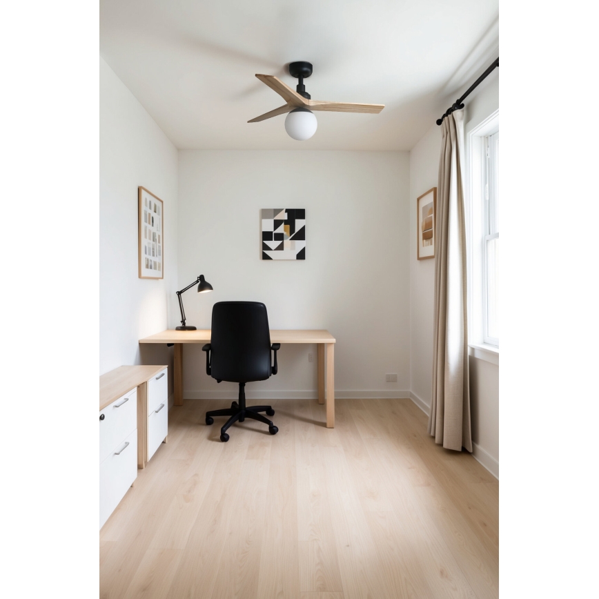 FARO 34284-11L - Kattotuuletin KLIM S 1xE27/15W/230V mänty/musta halkaisija 92,5 cm + kauko-ohjaus