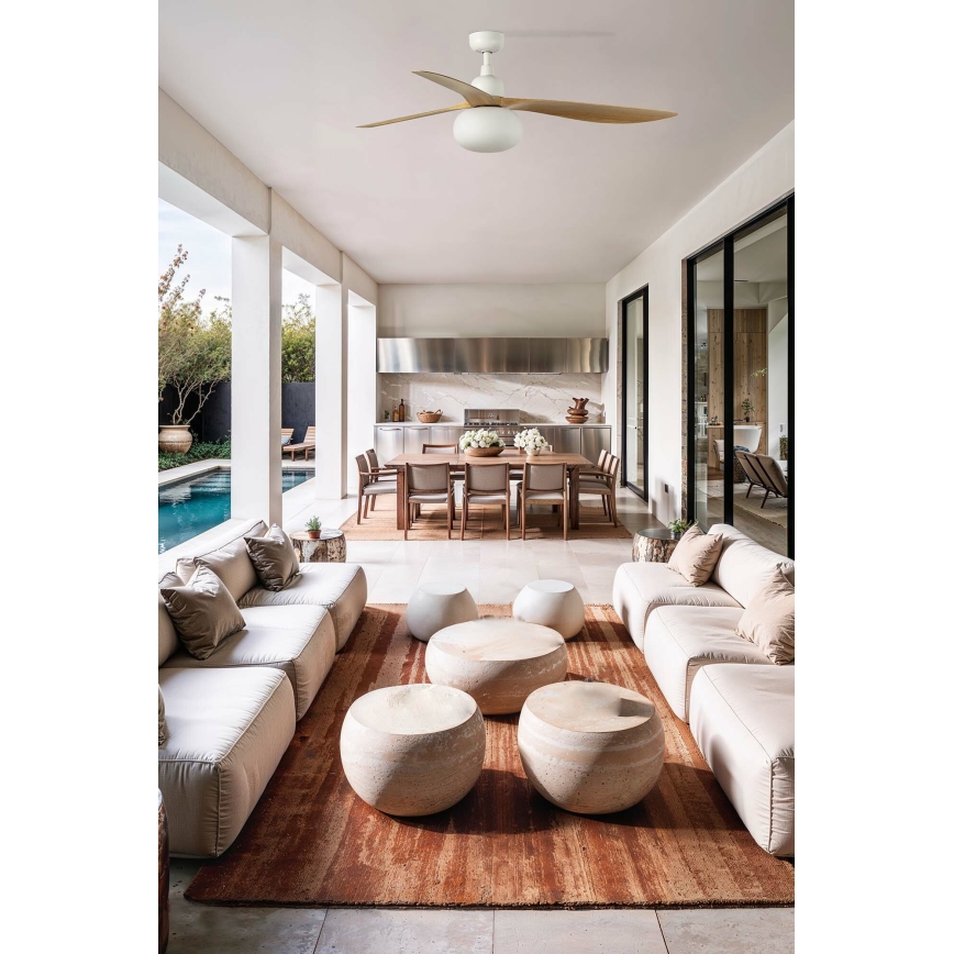 FARO 34361WT-11L - Kattotuuletin OUTWOOD L 1xE27/15W/230V ruskea/valkoinen halkaisija 150 cm Wi-Fi Tuya IP44 + kaukosäädin