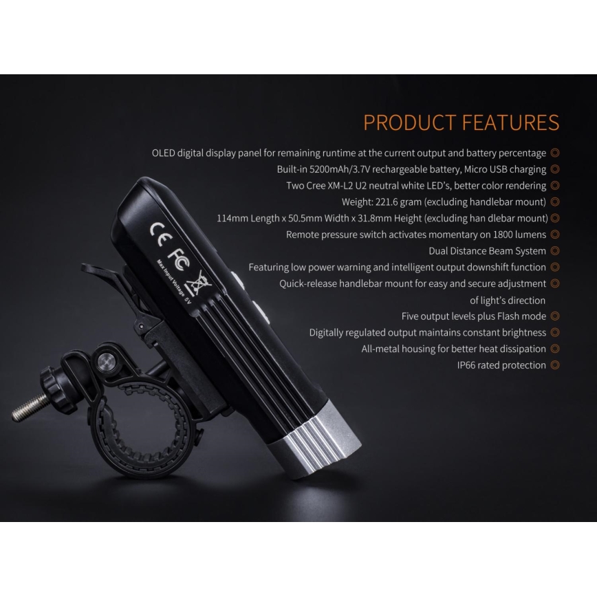 Fenix BC30RV2 - LED Ladattava polkupyörän valo LED/USB IP66 1800 lm 36 tuntia