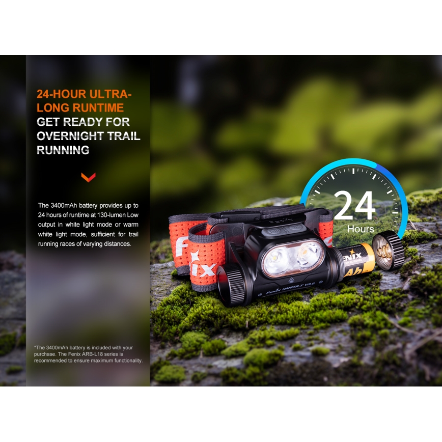 Fenix HM65RTV20BLC- LED Himmennettävä ladattava otsalamppu LED/USB/2xCR123A IP68 3400 mAh musta/oranssi