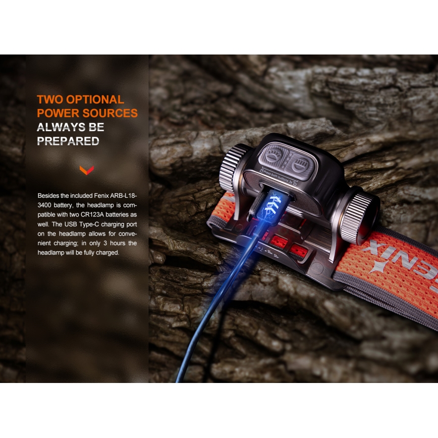 Fenix HM65RTV20BLC- LED Himmennettävä ladattava otsalamppu LED/USB/2xCR123A IP68 3400 mAh musta/oranssi
