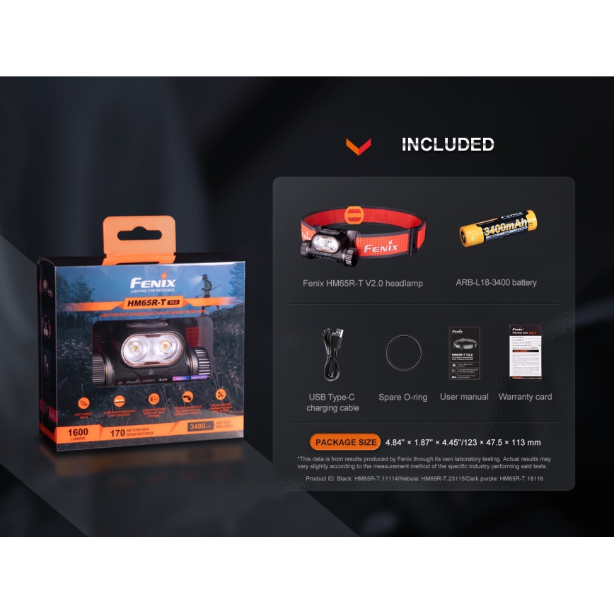 Fenix HM65RTV20BLC- LED Himmennettävä ladattava otsalamppu LED/USB/2xCR123A IP68 3400 mAh musta/oranssi