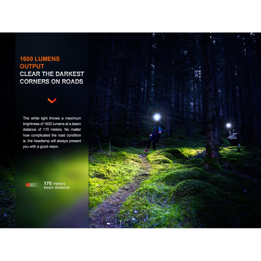 Fenix HM65RTV20PRP - LED Himmennettävä ladattava otsalamppu LED/USB/2xCR123A IP68 1600 lm 300h 3400 mAh musta/violetti