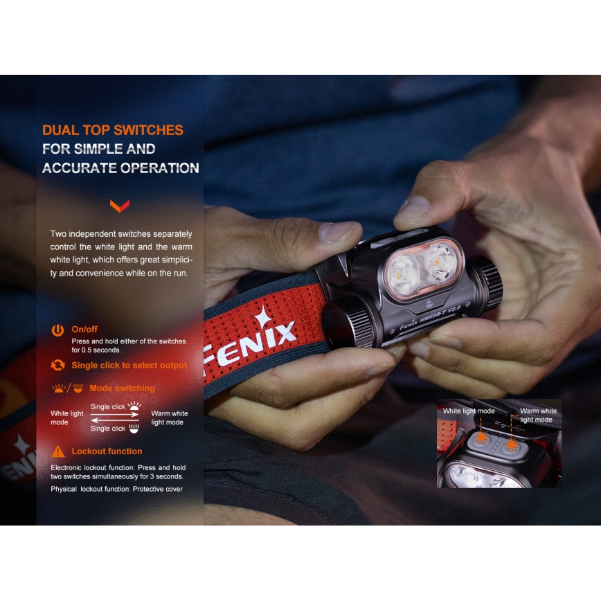 Fenix HM65RTV20PRP - LED Himmennettävä ladattava otsalamppu LED/USB/2xCR123A IP68 1600 lm 300h 3400 mAh musta/violetti