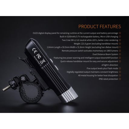Fenix ​​BC30RV2 - LED Ladattava polkupyörän valo LED/USB IP66 1800 lm 36 tuntia