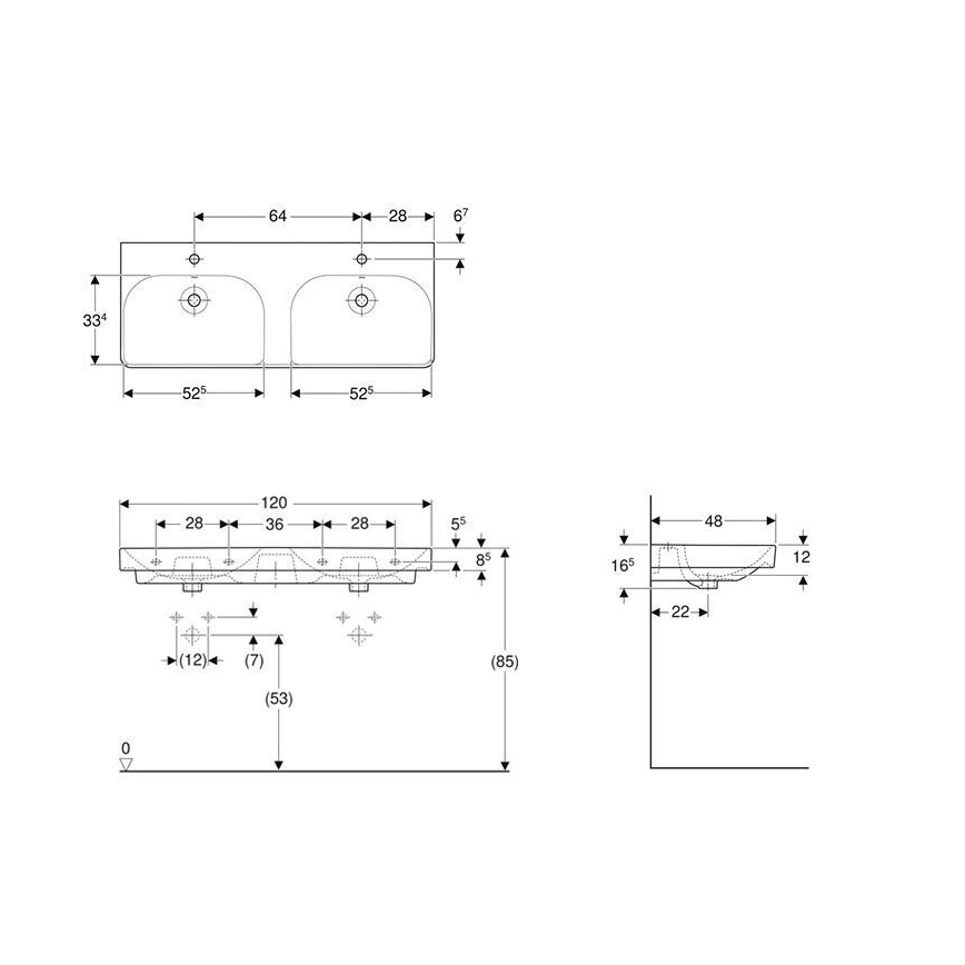 Geberit 500.223.01.1 - Smyle Square seinäkiinnitteinen kaksoispesuallas 120x48 cm, keramiikka/valkoinen