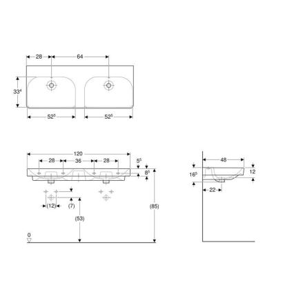 Geberit 500.224.01.1 - Seinäkiinnitteinen kaksiallas Smyle Square 120x48 cm, keramiikka/valkoinen