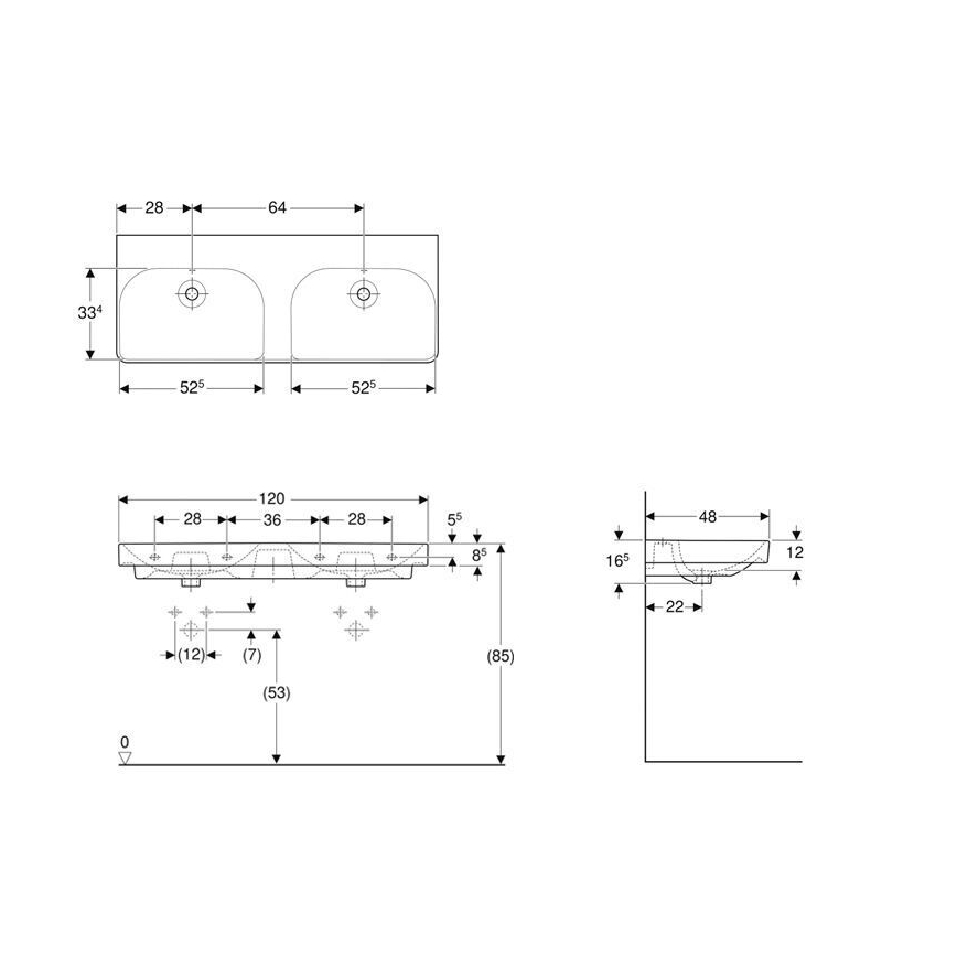 Geberit 500.224.01.1 - Seinäkiinnitteinen kaksiallas Smyle Square 120x48 cm, keramiikka/valkoinen