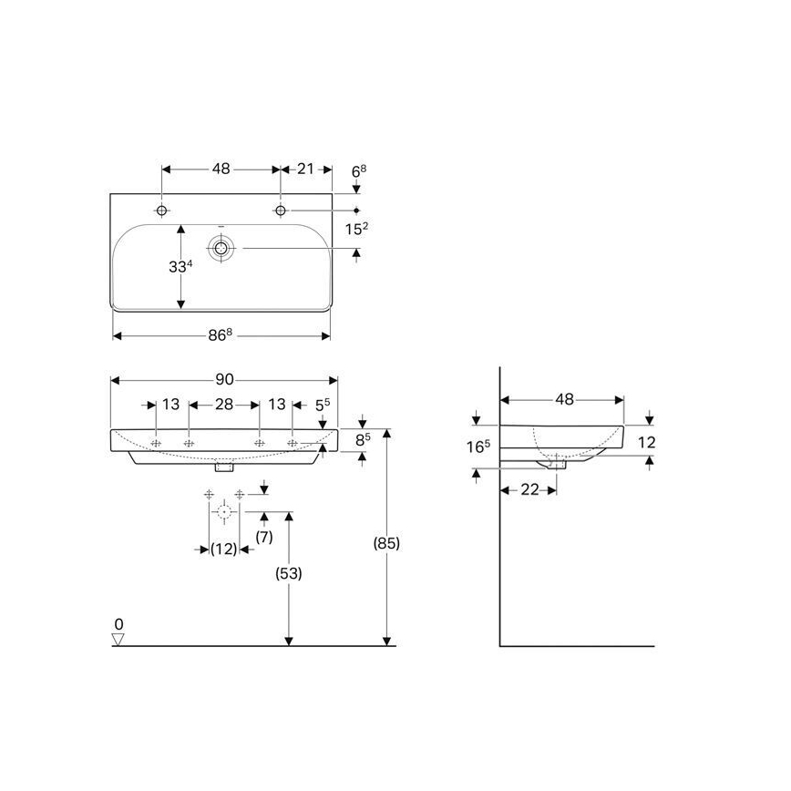 Geberit 500.252.01.1 - Seinään asennettava kaksiallas Smyle Square 90x48 cm keramiikka/valkoinen