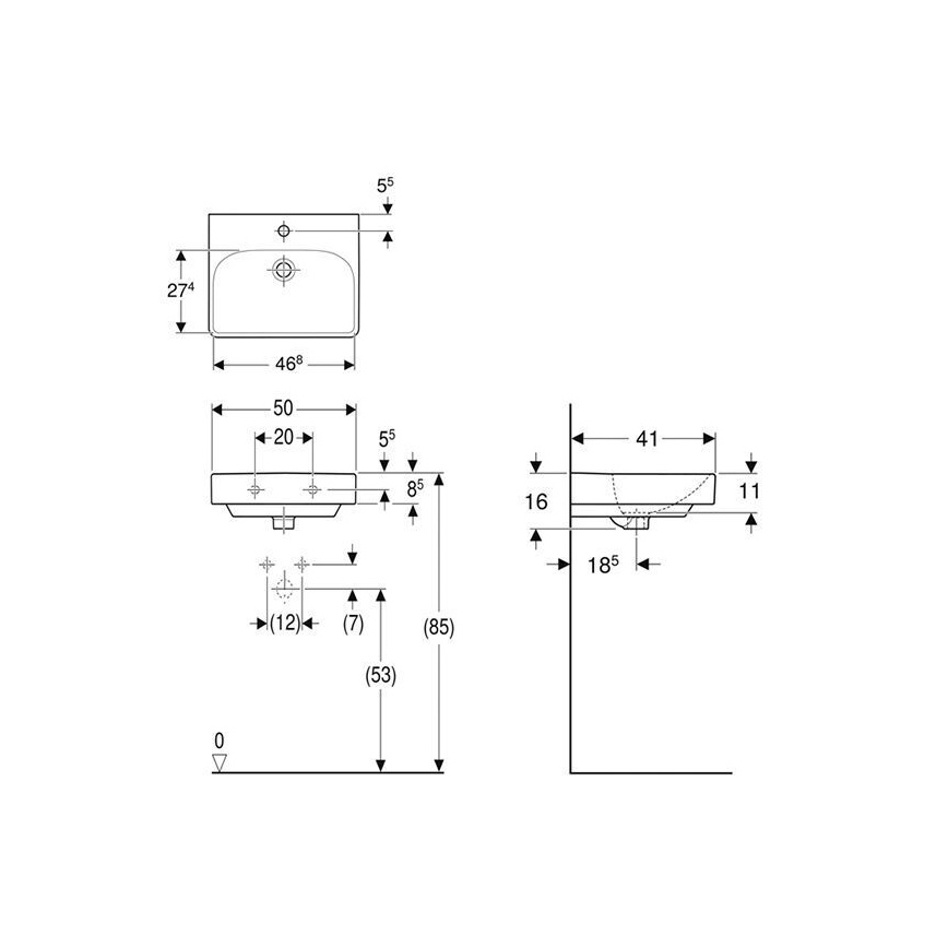 Geberit 500.256.01.1 - Seinään asennettava pesuallas Smyle Square 50x41 cm keraaminen/valkoinen