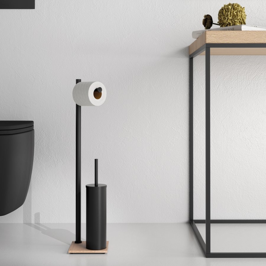 Gedy - Jalallinen WC-harja ja WC-paperiteline TRILLY mattamusta/bambu