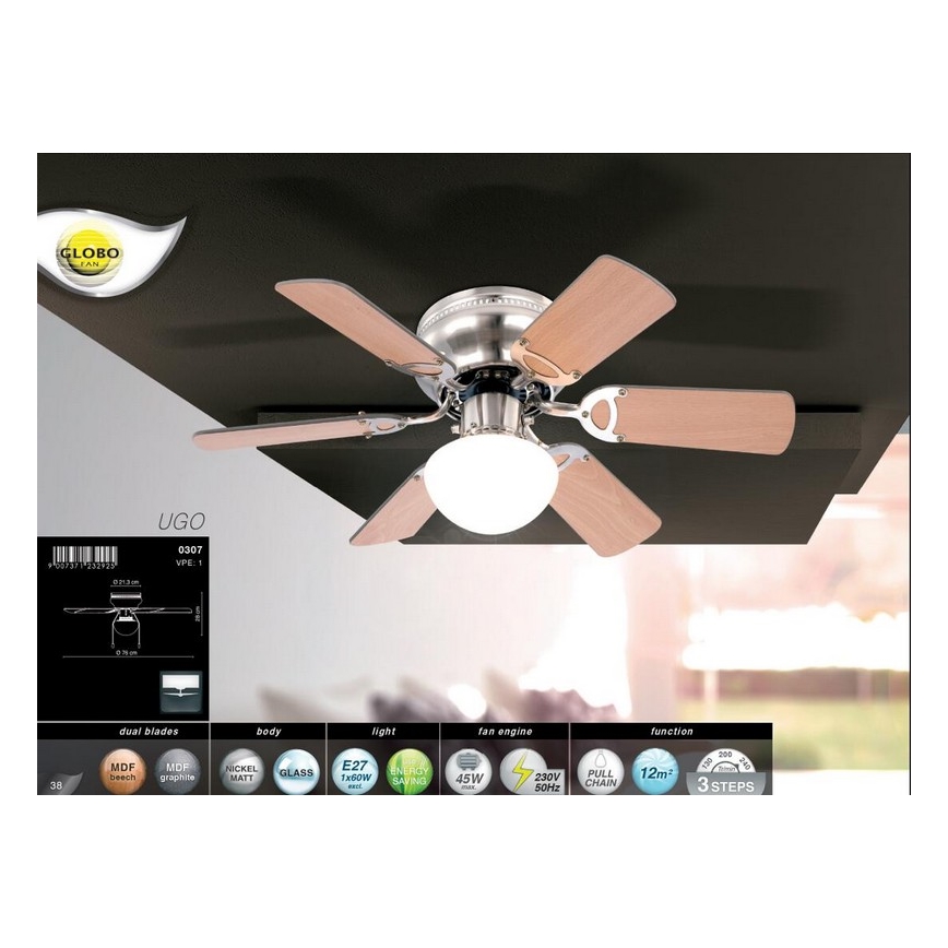 Globo - Kattotuuletin 1xE27/60W/230V