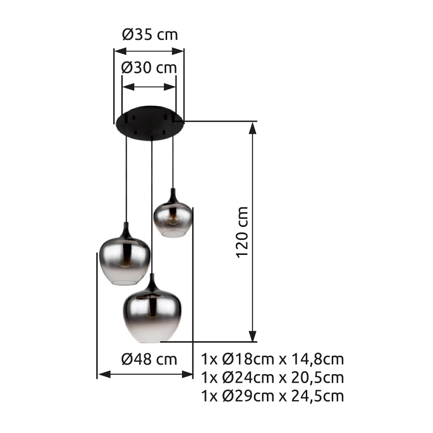 Globo - Kattokruunu johdossa 3xE27/40W/230V halkaisija 48 cm musta
