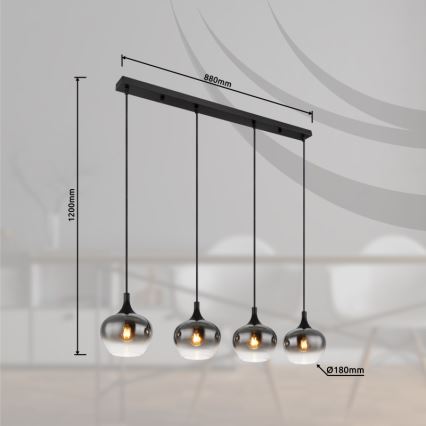 Globo - Vaijerilla ripustettava riippuvalaisin 4xE27/40W/230V musta