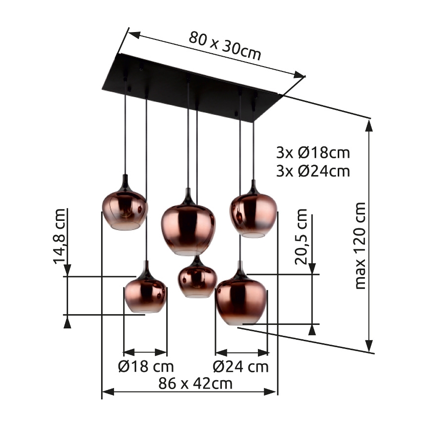 Globo - Riippuvalaisin kaapelilla 6xE27/40W/230V kuparinvärinen