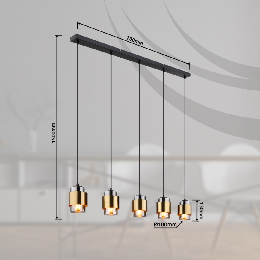 Globo - Riippuvalaisin vaijerilla 5 x E27/40W/230V musta/messinki