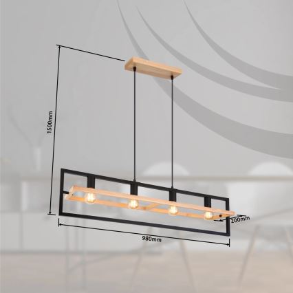 Globo 15575-4H - ERICA-riippuvalaisin vaijerilla, 4xE27/40W/230V, musta/beige