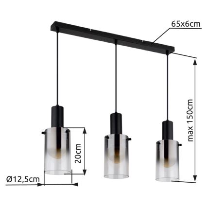 Globo - Kattokruunu johdossa 3xE27/40W/230V musta