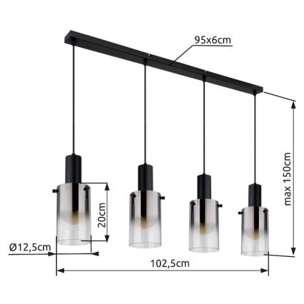 Globo - Kattokruunu johdossa 4xE27/40W/230V musta