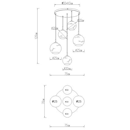 Globo - Vaijerikiinnitteinen riippuvalaisin 5xE27/60W/230V Ø 75 cm
