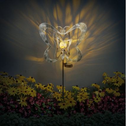 Globo - LED-aurinkovalaisin LED/3V IP44 300 mAh hopeanvärinen perhosenmuotoinen