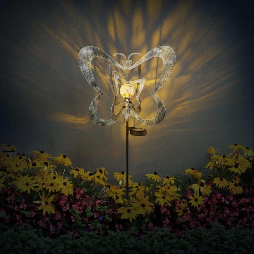 Globo - LED-aurinkovalaisin LED/3V IP44 300 mAh hopeanvärinen perhosenmuotoinen