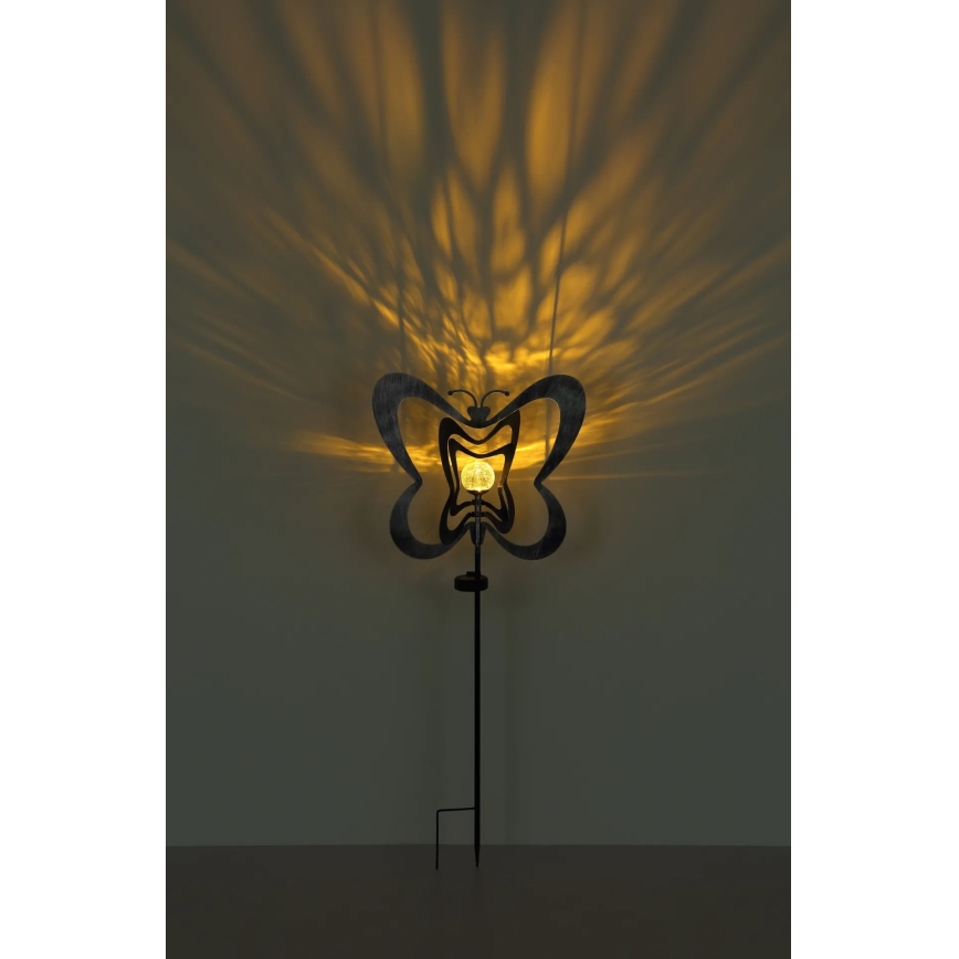 Globo - LED-aurinkovalaisin LED/3V IP44 300 mAh hopeanvärinen perhosenmuotoinen