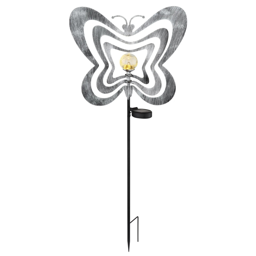 Globo - LED-aurinkovalaisin LED/3V IP44 300 mAh hopeanvärinen perhosenmuotoinen